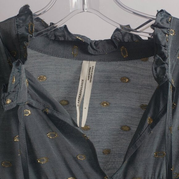 By Anthropologie Ruffled Peasant Blouse Gold and Slate Blue Blouse Size S - Picture 3 of 7